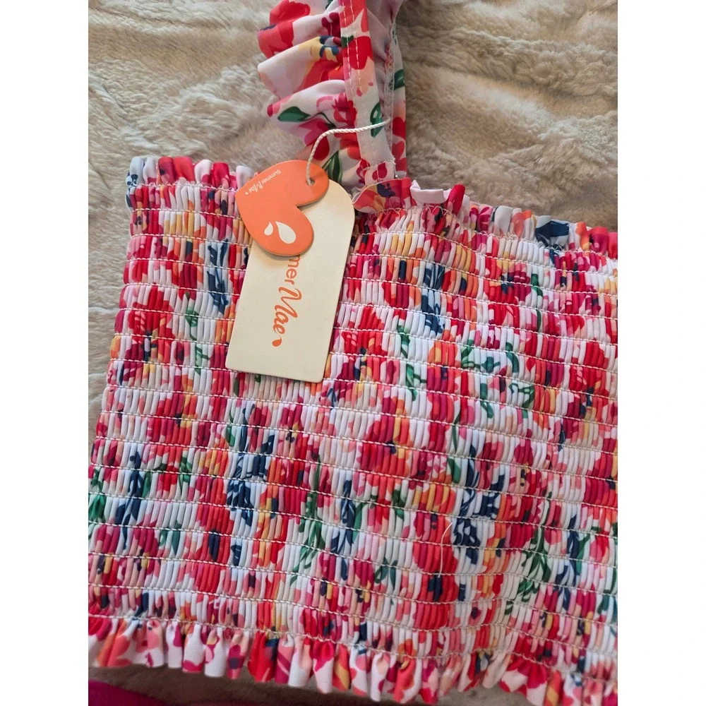 Summer Mae Maternity Bikini Set Floral Smocked Top High Waist Pink Size S NEW